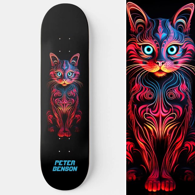Skateboard L'art du tatouage tribal de Neon Cat (Neon Cat Tribal Tattoo Art Skateboard)