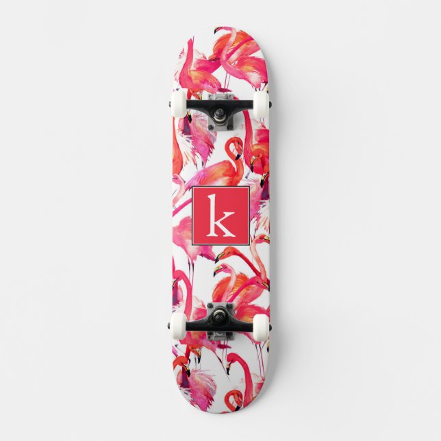 Skateboard Le Flamant rose d'aquarelle dans les aquarelles | (Recto)