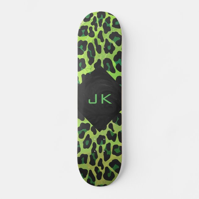Skateboard Léopard Noir et Vert avec Monogramme (Recto)