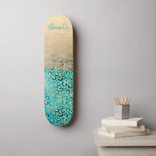 Skateboard Léopard turquoise brillant