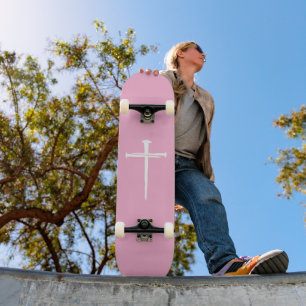 Skateboard Les Trois clous, Croix rose et blanche chrétienne