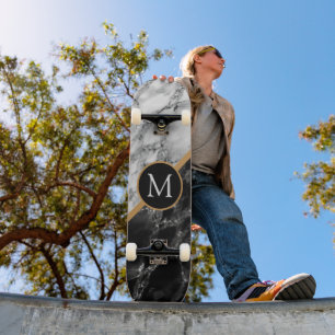 Skateboard LETTRE PERSONNALISÉE Patinage noir Marbre blanc
