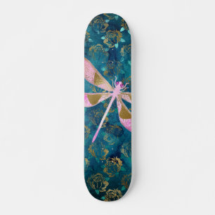 Skateboard Libellule rose d'or sur l'arrière - plan floral de