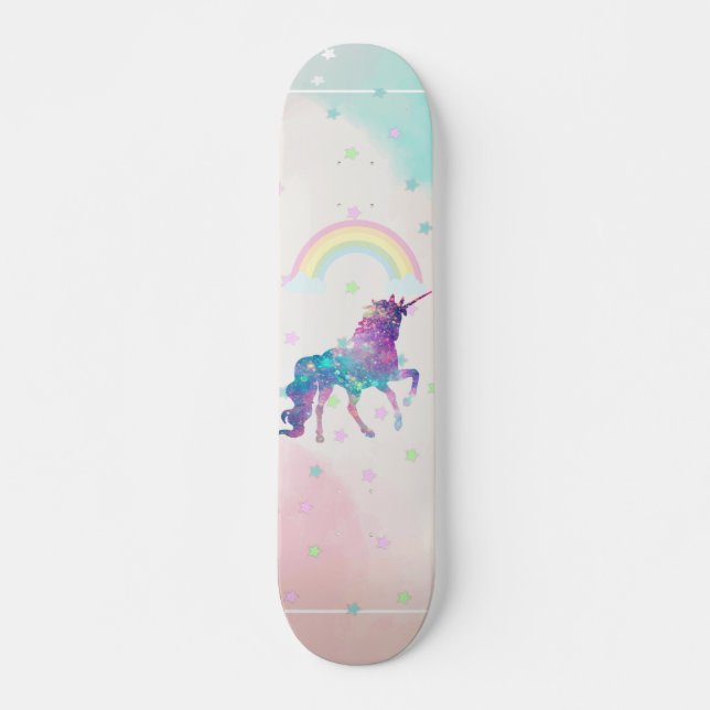 Skateboard Licorne Galaxie, Arc-en-ciel, Étoiles (Devant)