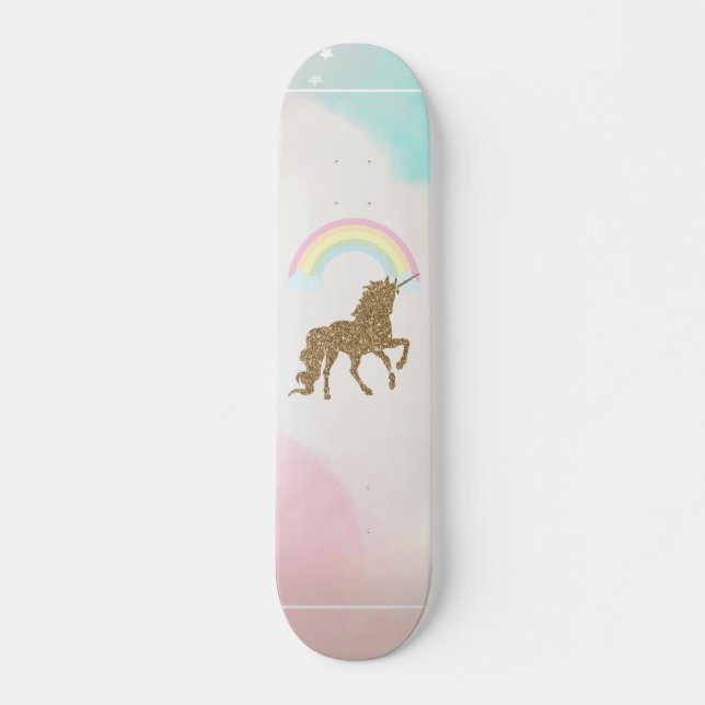 Skateboard Licorne Pailletée Or, Arc-en-Ciel (Devant)