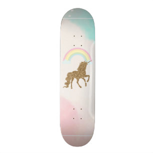 Skateboard Licorne Pailletée Or, Arc-en-Ciel