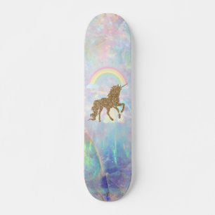 Skateboard Licorne Pailletée Or, Opale Arc-en-ciel