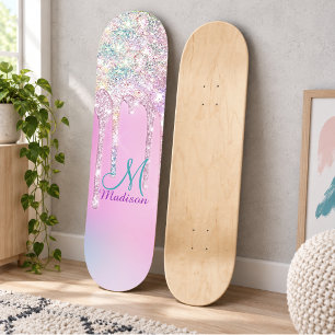 Skateboard Licorne Rose Mignonne Pluie de Paillettes Arc-en-c