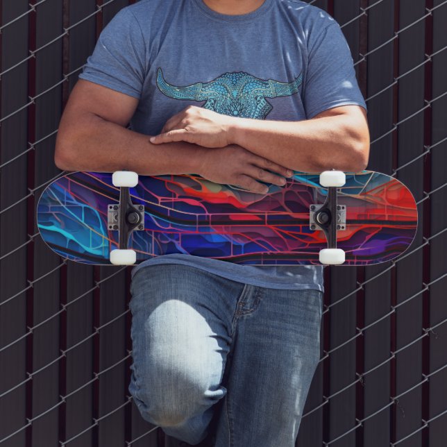 Skateboard Lignes connectées complexes en rouge et bleu (Extérieur 3)