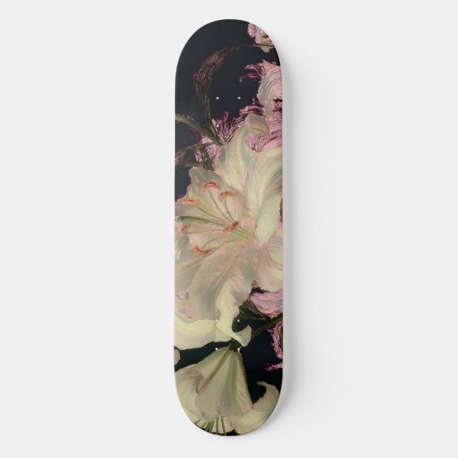 Skateboard Lis blancs sur fond sombre d'art floral (Recto)