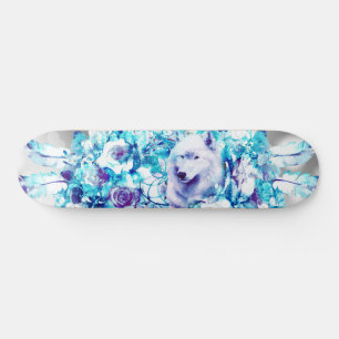 Skateboard Loup blanc Dreamcatcher bleu violet Floral