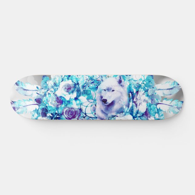 Skateboard Loup blanc Dreamcatcher bleu violet Floral (Horz)