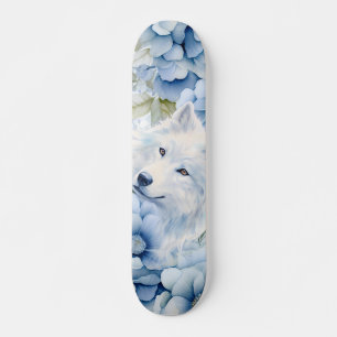 Skateboard Loup Blanc Pastel Bleu Florales Aquarelle