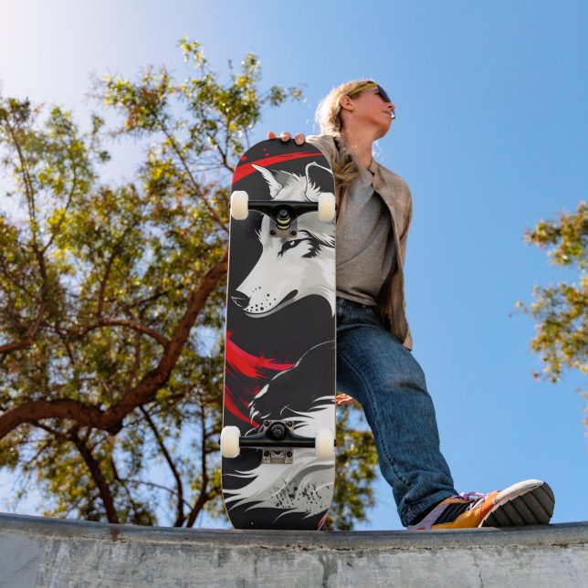 Skateboard Loup blanc rouge lunaire (Extérieur 1)