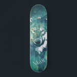Skateboard Loup bleu marine moderne bleu vert aquarelle<br><div class="desc">Un loup abstrait peint à la main moderne bleu marine et vert aquarelle avec un motif animal monogramme blanc tendance.</div>