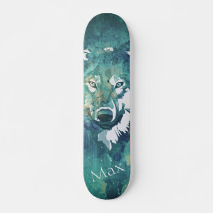 Skateboard Loup bleu marine moderne bleu vert aquarelle
