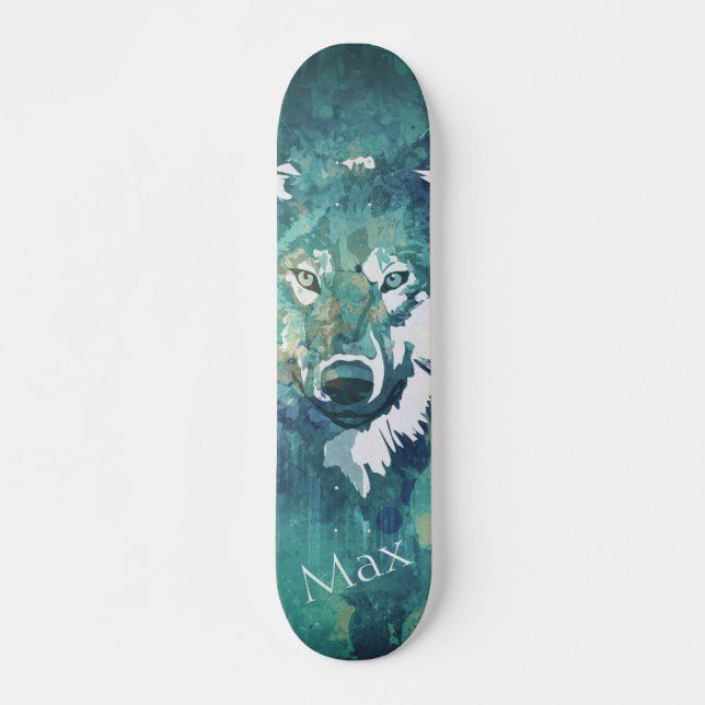 Skateboard Loup bleu marine moderne bleu vert aquarelle (Devant)