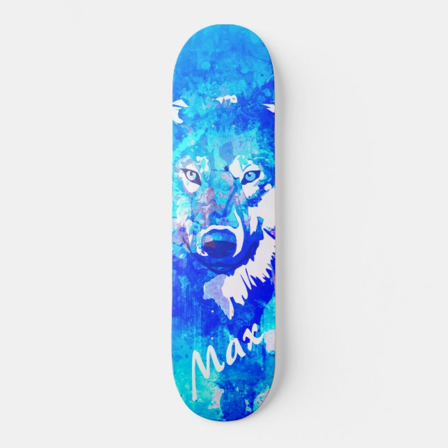 Skateboard Loup d'eau blanc bleu turquoise moderne (Recto)