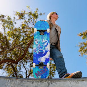 Skateboard Loup d'eau blanc bleu turquoise moderne