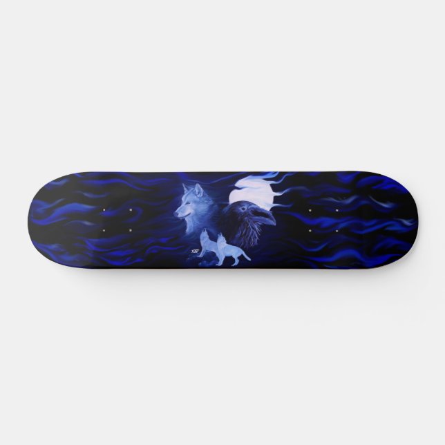 Skateboard Loup et corbeau avec pleine lune (Horz)