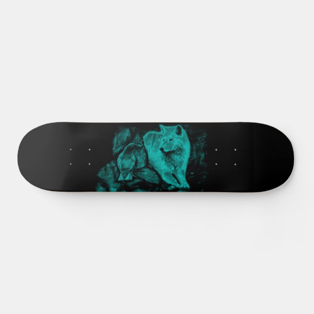 Skateboard Loup et corbeau dans la nuit (Horz)