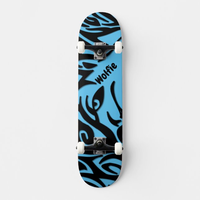 Skateboard Loup tribal Abstrait bleu et noir avec nom Skat (Recto)