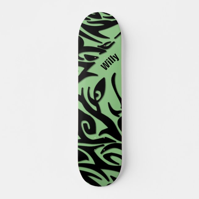 Skateboard Loup tribal Abstrait vert et noir avec nom (Devant)