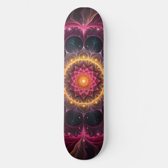 Skateboard Lumineuse Fleur fractale | Design d'art spirituel (Recto)