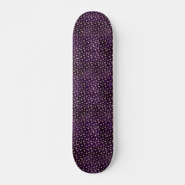 Skateboard Lune céleste violette et étoiles (Devant)