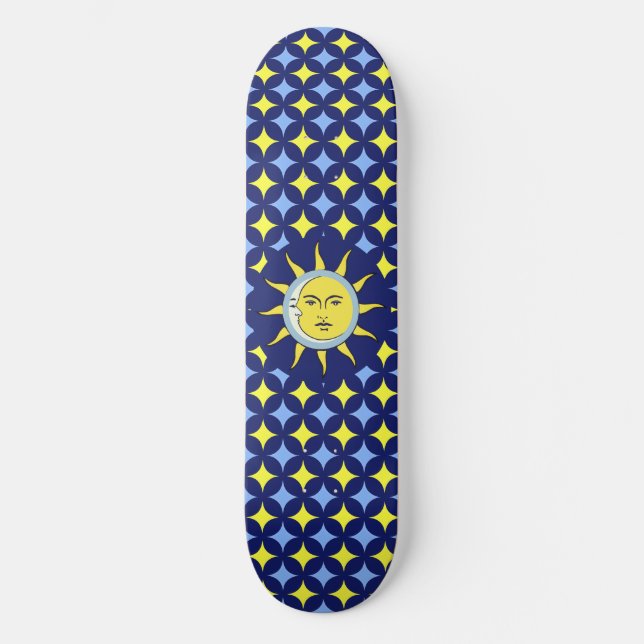 Skateboard Lune et soleil sur Motif bleu et jaune étoile (Recto)