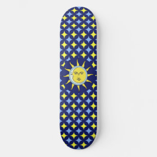 Skateboard Lune et Soleil sur motif étoile bleu et jaune