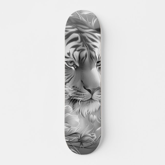 Skateboard Majestic Fantasy Gray Scale Tiger Head & Florals  (Devant)