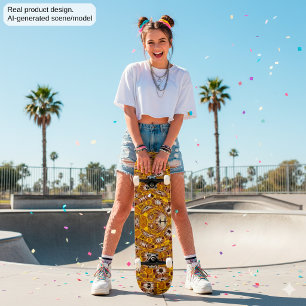Skateboard Mandala Bohème à Motif Floral Doré