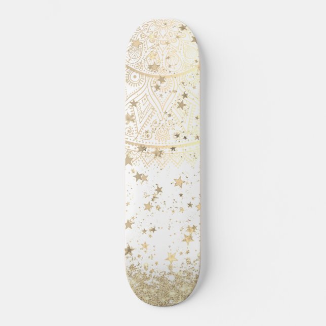Skateboard Mandala envoûtant avec des étoiles d'or sur blanc (Recto)
