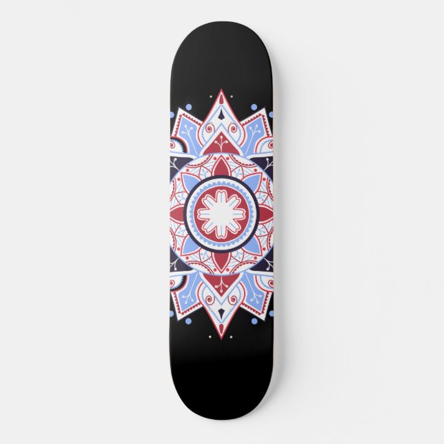 Skateboard Mandala Géométrique Abstrait Motif Bleu Rouge Noir (Recto)