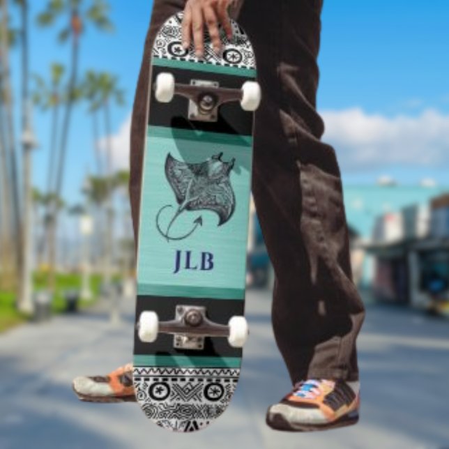 Skateboard Manta Ray Teal Black White Polynesian w Initial (Créateur téléchargé)