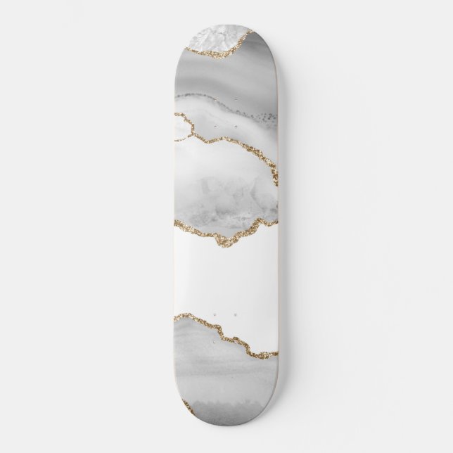 Skateboard Marbre Blanc Grisé Agate Raffiné Paillettes Dorées (Recto)
