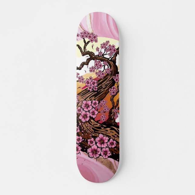 Skateboard Marbre rose avec fleur de cerisier japonaise dorée (Devant)