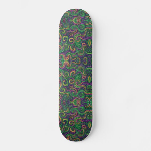 Skateboard Mardi Gras vert violet tourbillonne abstrait (Recto)