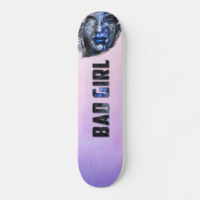 Skateboard Mauvaise fille rose gris bleu (Recto)