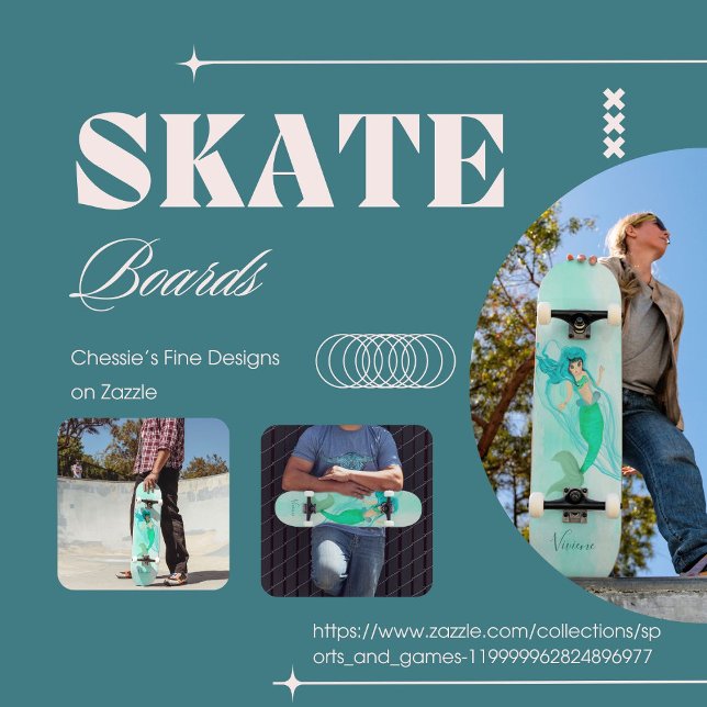Skateboard  Mermaid Girly Queue Verte Bleue  (Créateur téléchargé)