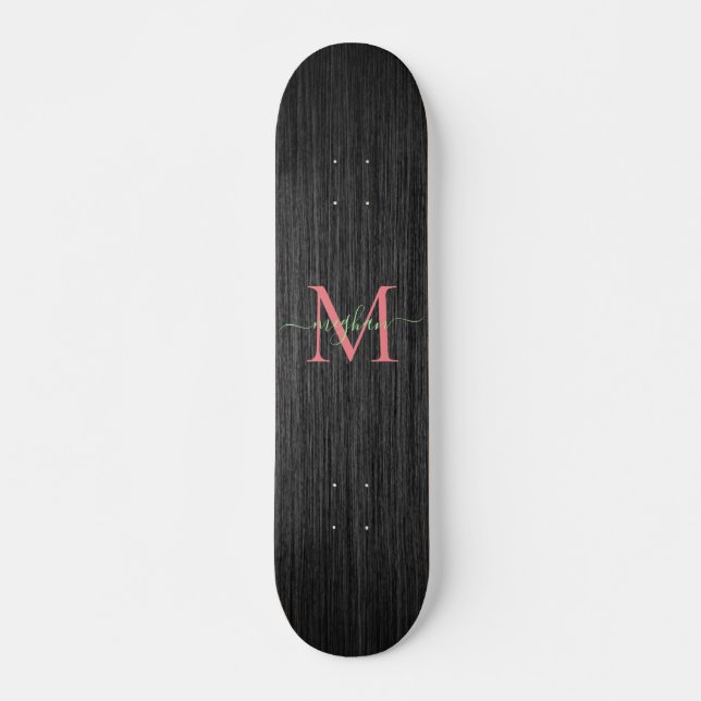 Skateboard Métal brossé noir moderne Rose or Monogramme  (Devant)