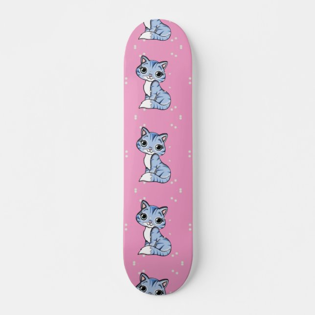 Skateboard mignon chat bleu rose (Devant)