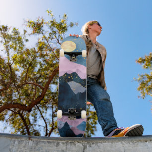 Skateboard Minimaliste Lune Étoiles Montagne Vallée Céleste