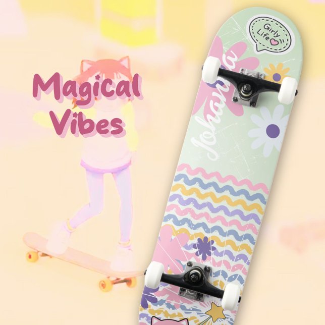 Skateboard Mint Green Pastel Floral Striped Girly Chat Magiqu (Mint Green Pastel Floral Striped Girly Cat Magical Skateboard ©Susanne Sachers - Sunny Wanderlust 🌞)