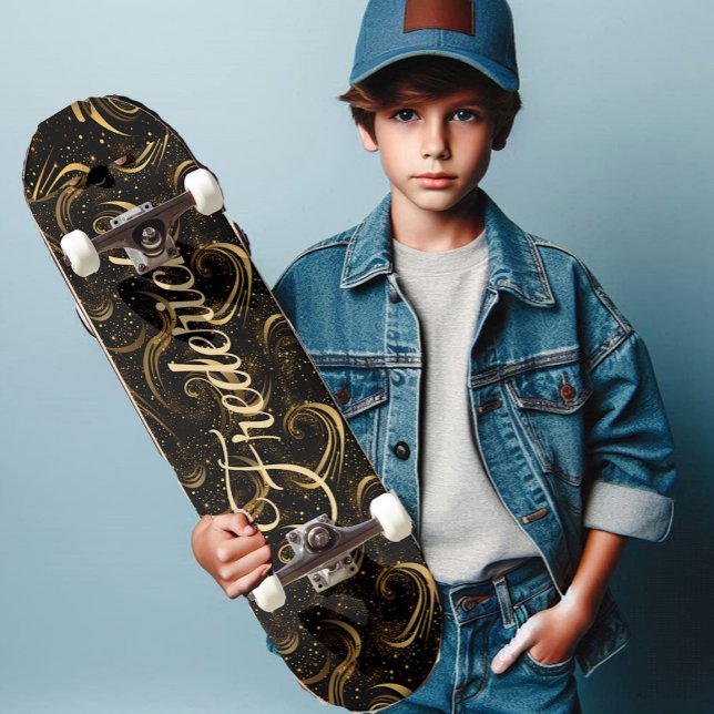 Skateboard Modern Black Gold Leafy Swirls Decorative Art Name (Modern Black Gold Leafy Swirls Decorative Art Name Skateboard)