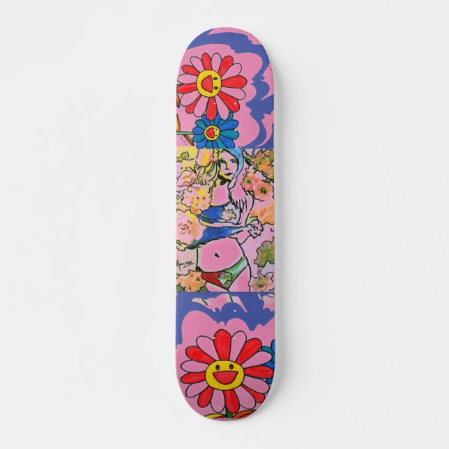Skateboard Moderne rose et bleu aquarelle fille avec des fleu (Devant)