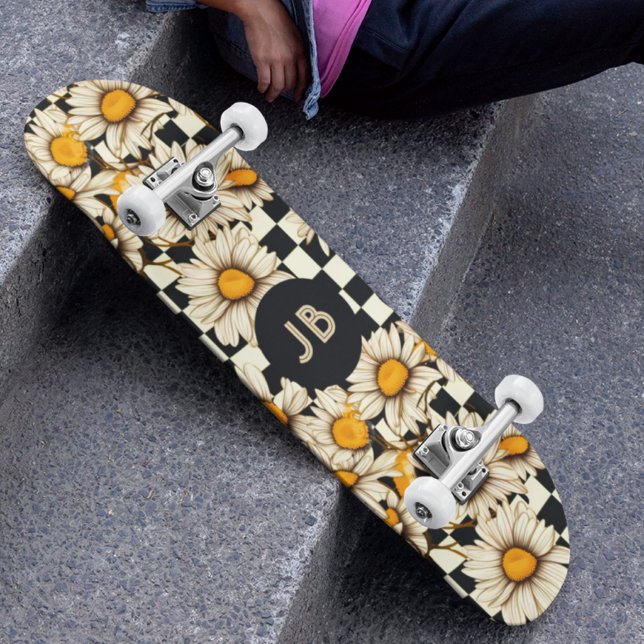 Skateboard Monogram Retro Groovy Daisy Checkerboard