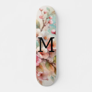 Skateboard Monogramme aquarelle florale roses cerisiers en fl
