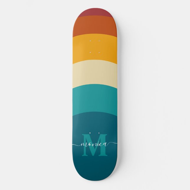Skateboard Monogramme arc-en-ciel Nom personnalisé Retro Suns (Recto)